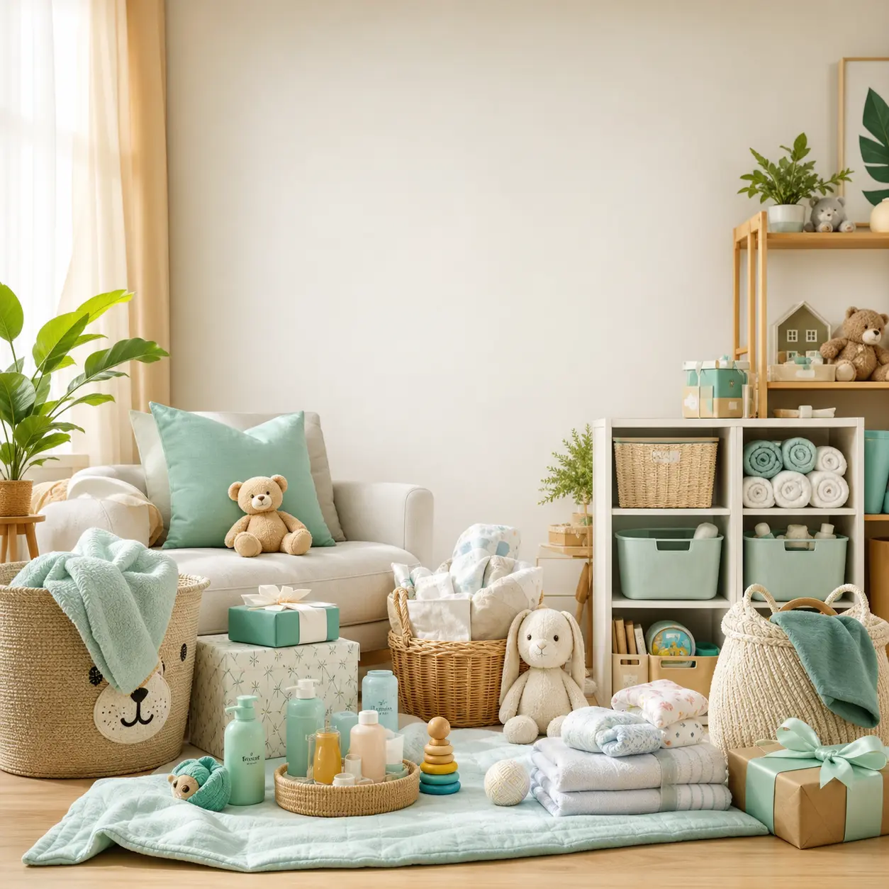 Affordable baby, kids and family finds arranged in a bright nursery