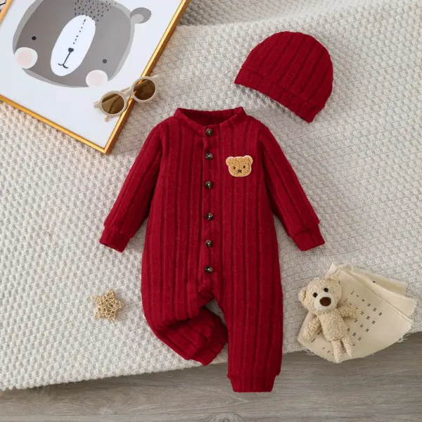 【Baby Boy】Autumn & Winter Red Onesie with Front Single-Breasted Buttons and Cute Bear Badge on Chest + Red Hat SetFeaturing a wa