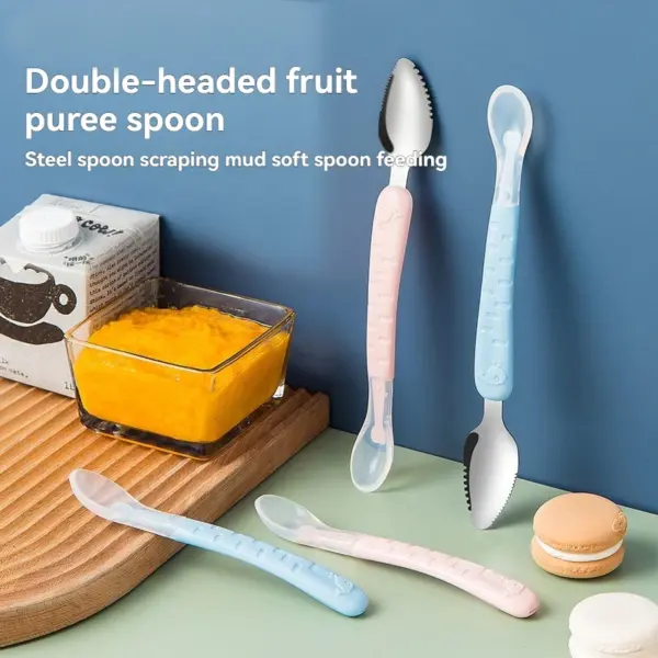 Baby Food Scraper Spoon - Dual-Head Apple Puree Maker & Fruit Peeler, Silicone Infant Feeding Tool with Easy Clean Desi