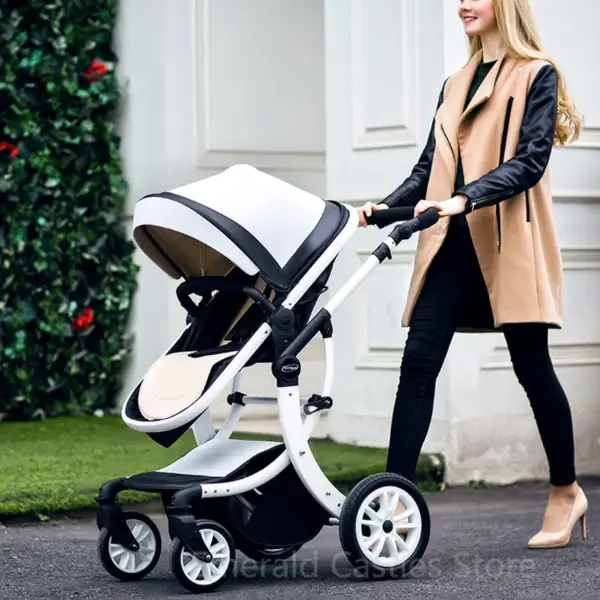 Luxury Baby Stroller 3 in 1,2025 New PU leather baby stroller and car seat, High Landscape Portable Pushchair,white pram